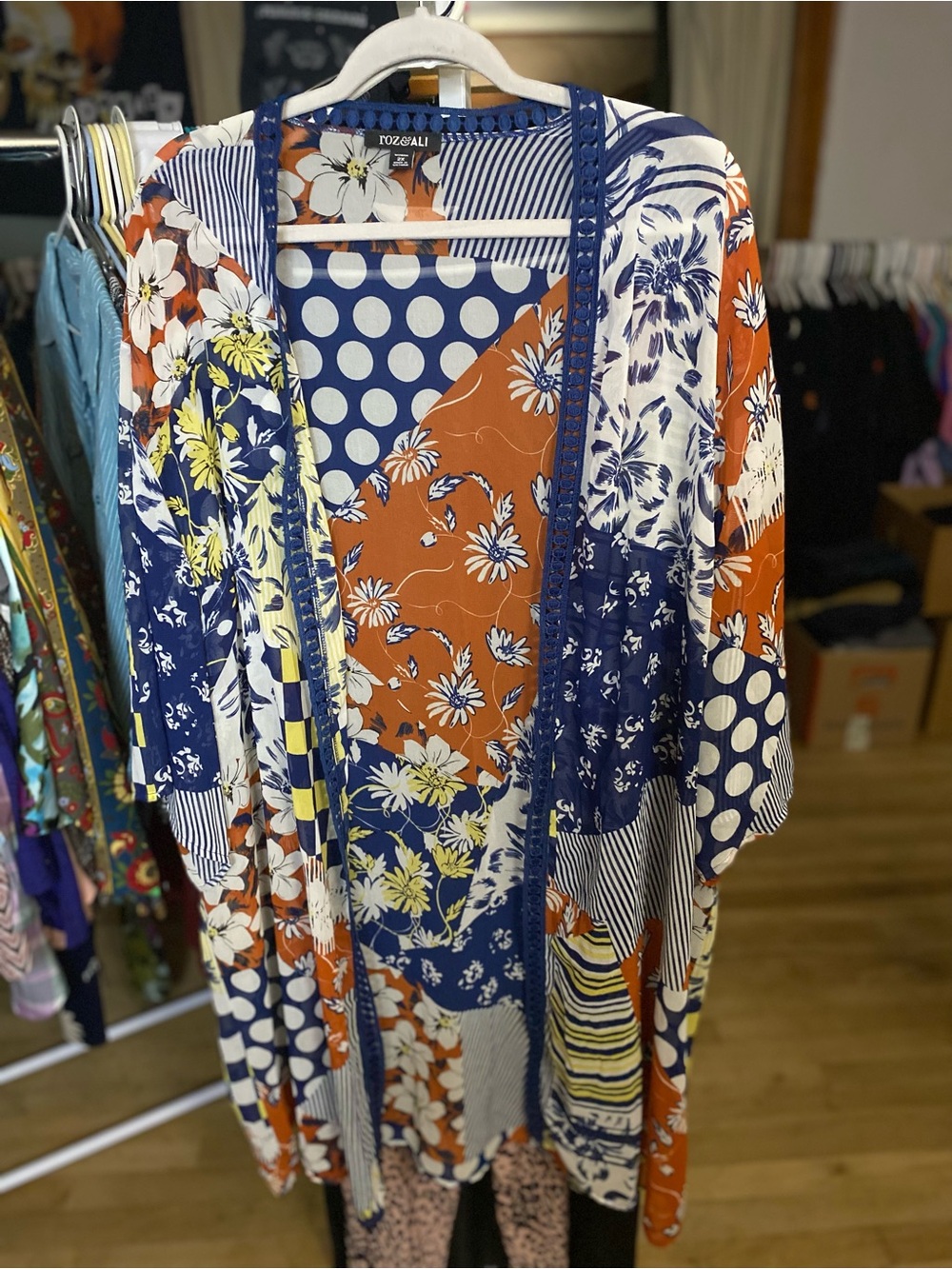 Roz & Ali Patchwork Floral & Polka Dot Kimono — Navy, Rust, White & Yellow